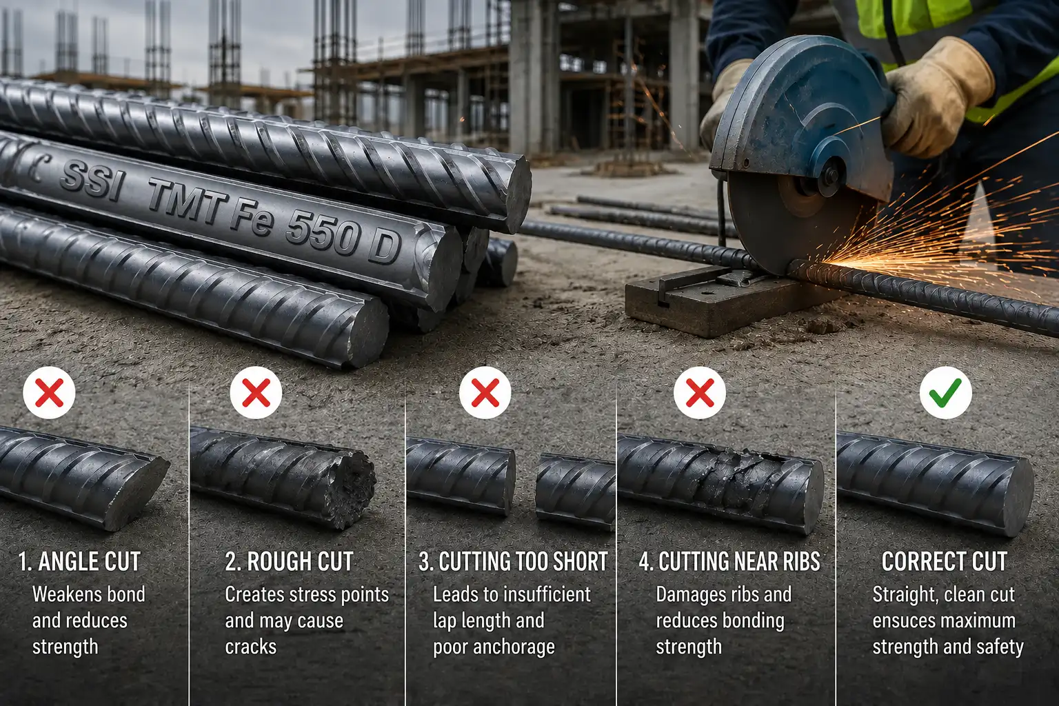 SSI TMT Fe 550 D – Correct vs Incorrect TMT Bar Cutting Guide