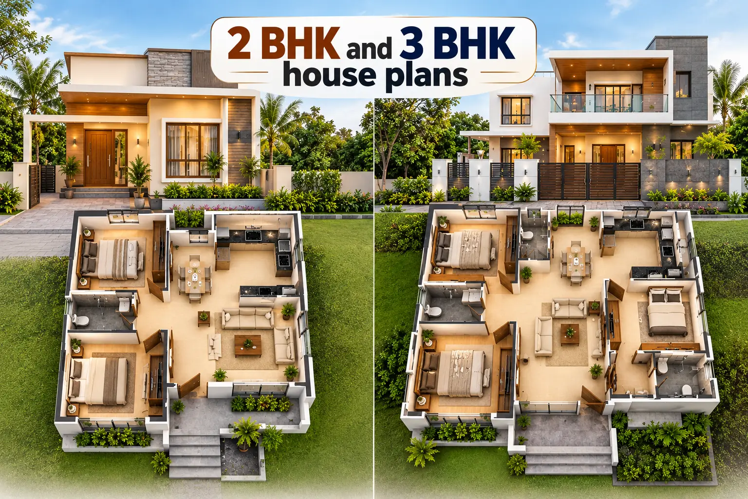 2 BHK and 3 BHK house plans for Indian home