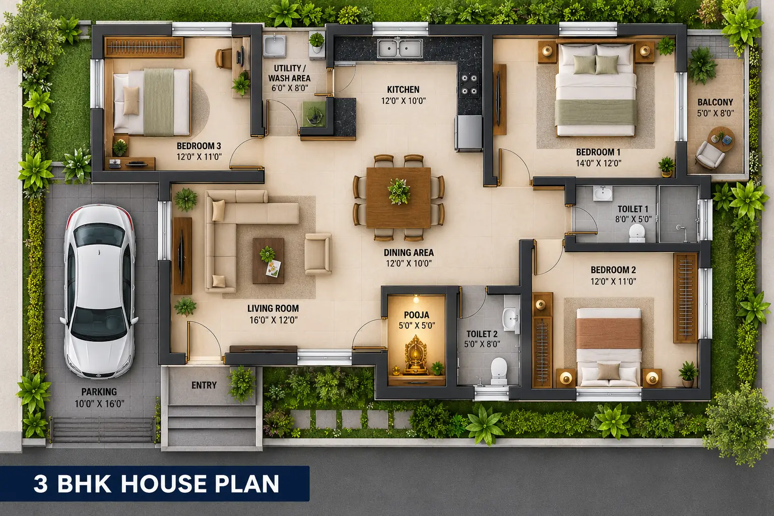 3 BHK house plan layout for Indian homes