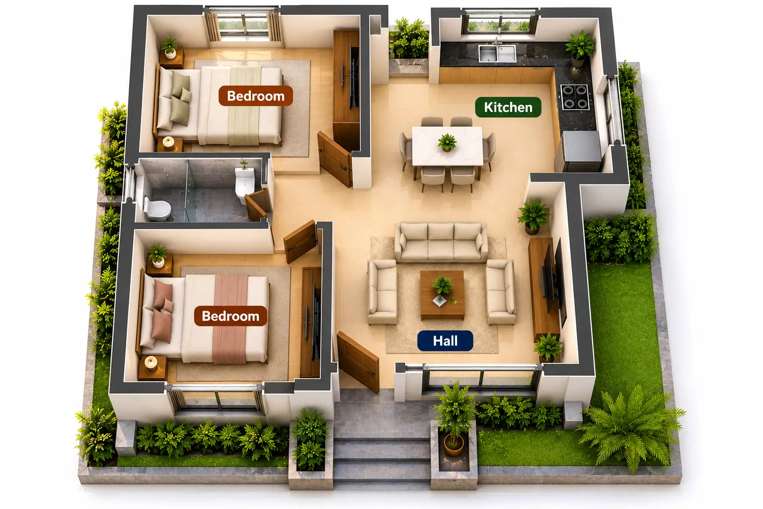 BHK house plan showing bedroom hall and kitchen