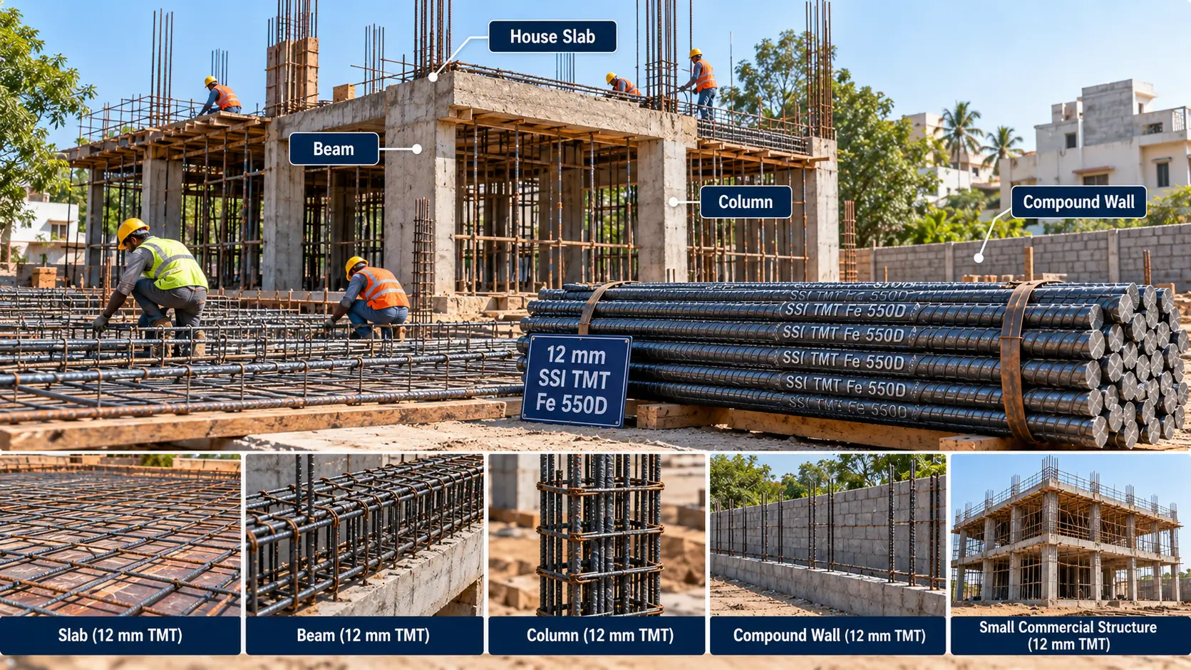 Common uses of 12mm TMT bars in houses, apartments, beams, slabs and columns