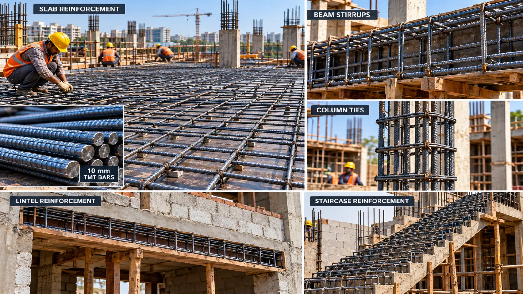 Uses of 10mm TMT bars in slabs, beams, columns, lintels and staircases